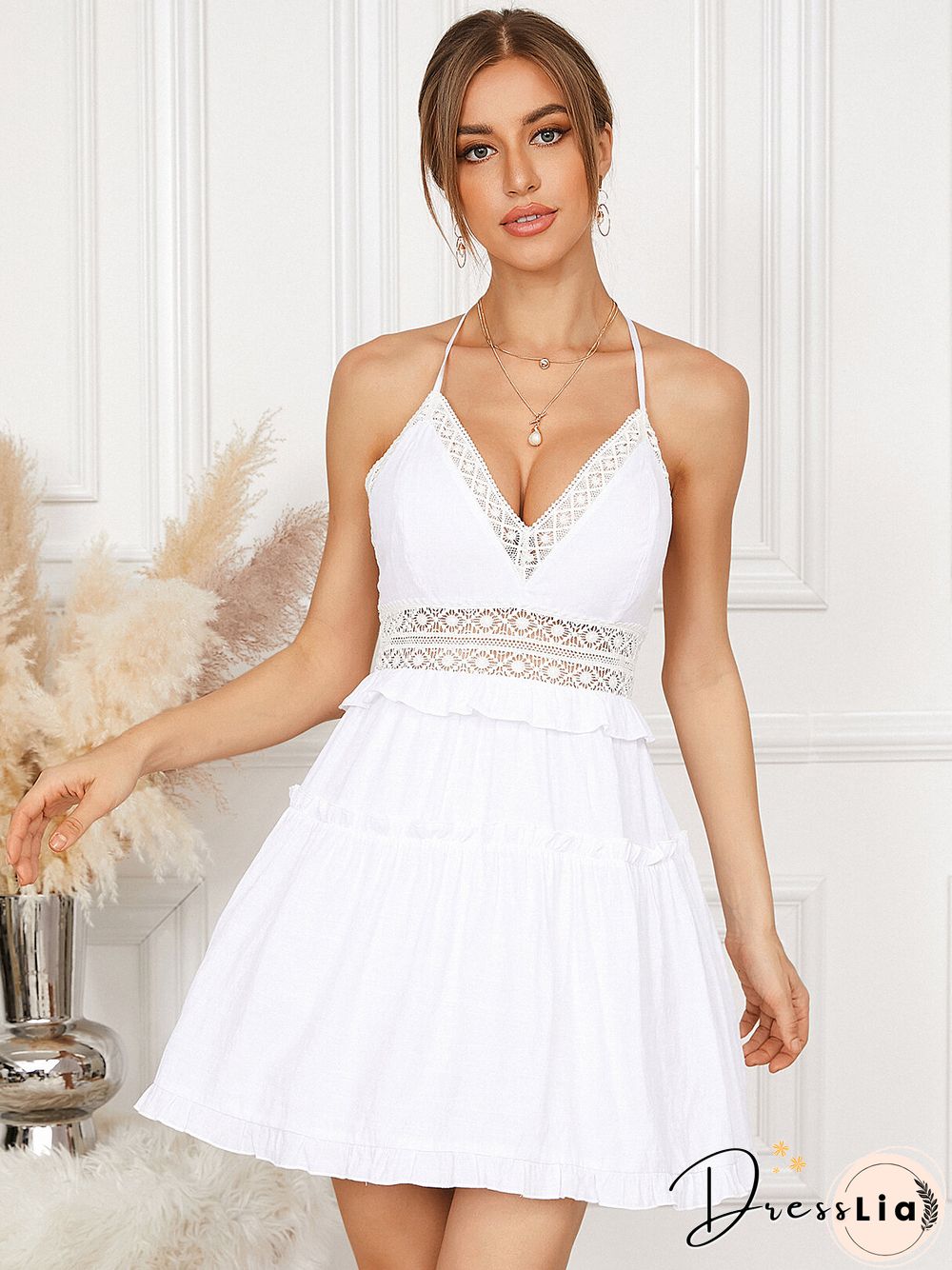 Hollow Lace Trim Criss Cross Lace Up Backless Mini Dress