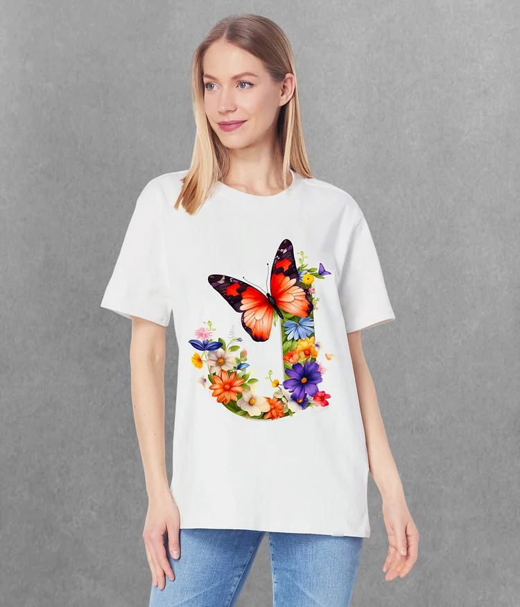 Butterfly Alphabet J Round Neck T-shirt