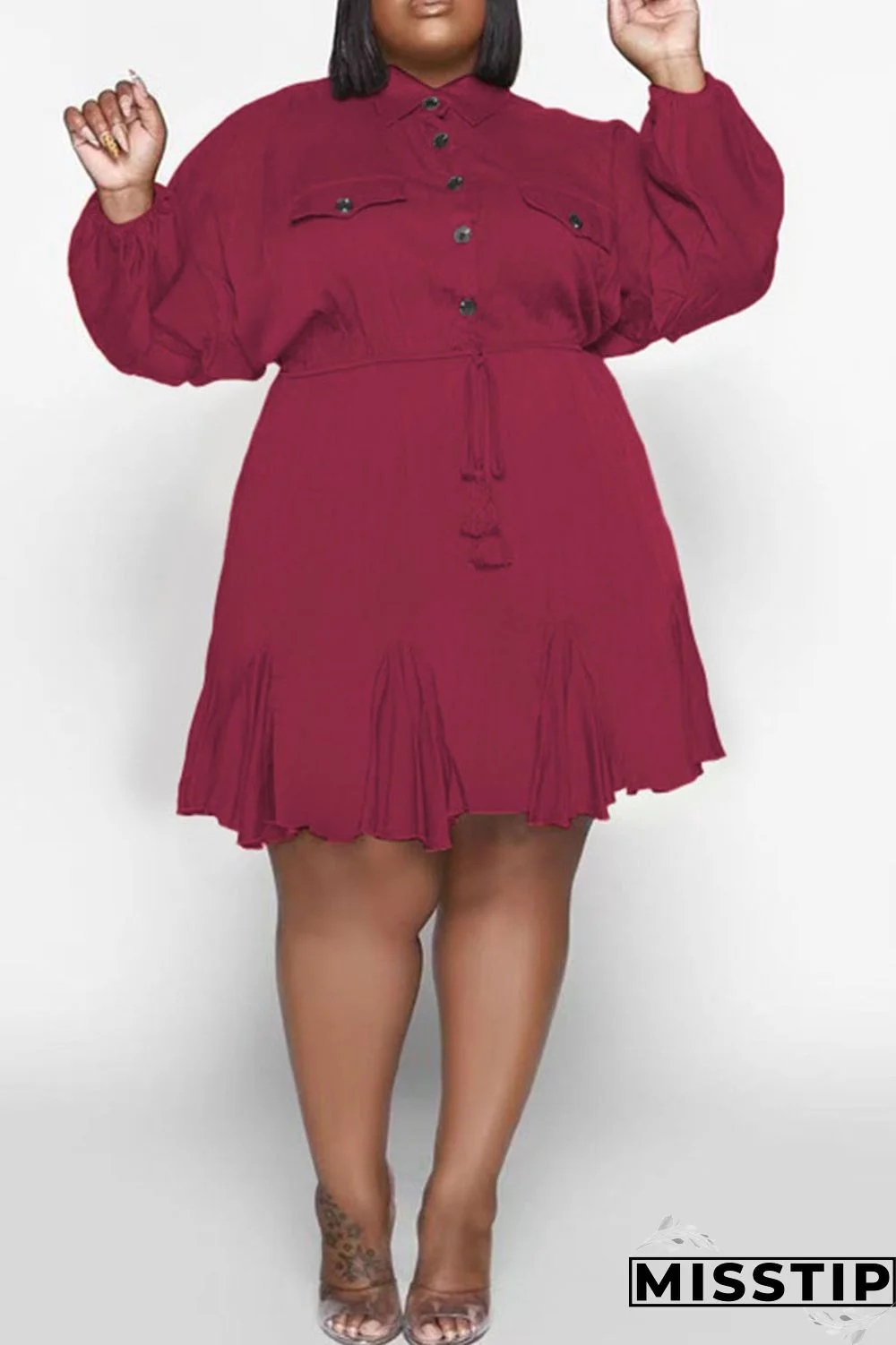 Orange Casual Solid Patchwork Buckle Fold Turndown Collar Straight Plus Size Dresses