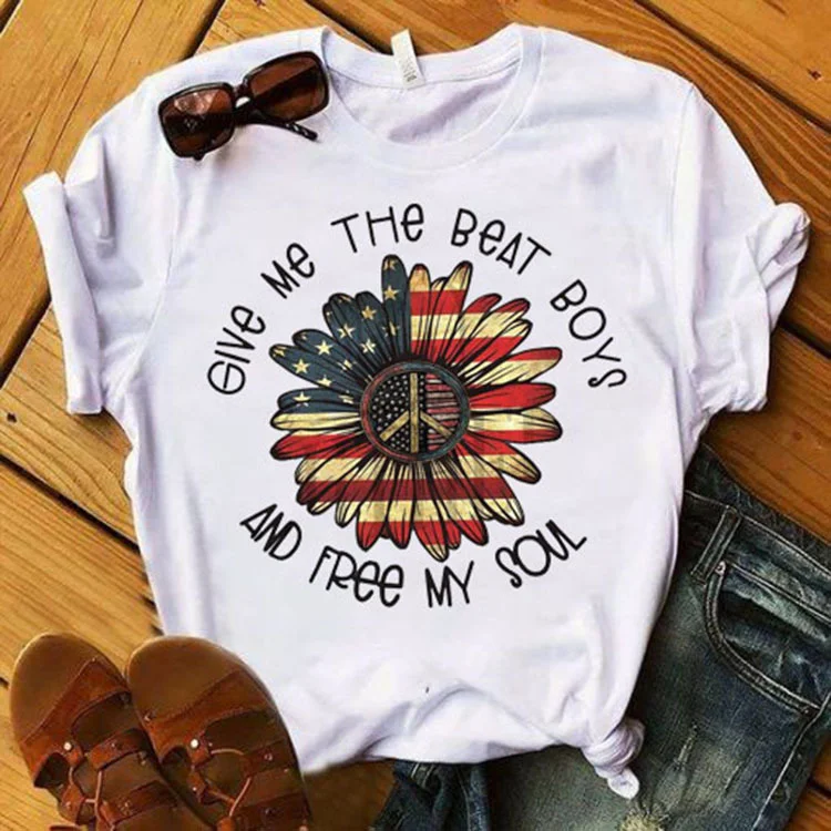 Sunflower American Flag Print Short Sleeve T-Shirt