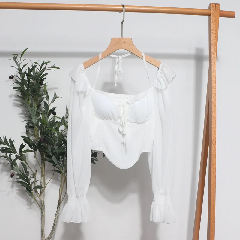 Zingj Spice Girls Shoulder-Mounted Neck With Long-Sleeved Chindal Wooden Ear-Deared Shirt Short With Chest Cushion Top 8873