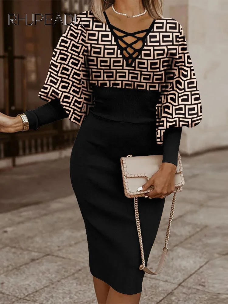 Uveng Fashion Printed Lantern Sleeve Dress Women Office Ladies Elegant V-Neck Long Sleeve Slim Dress Women