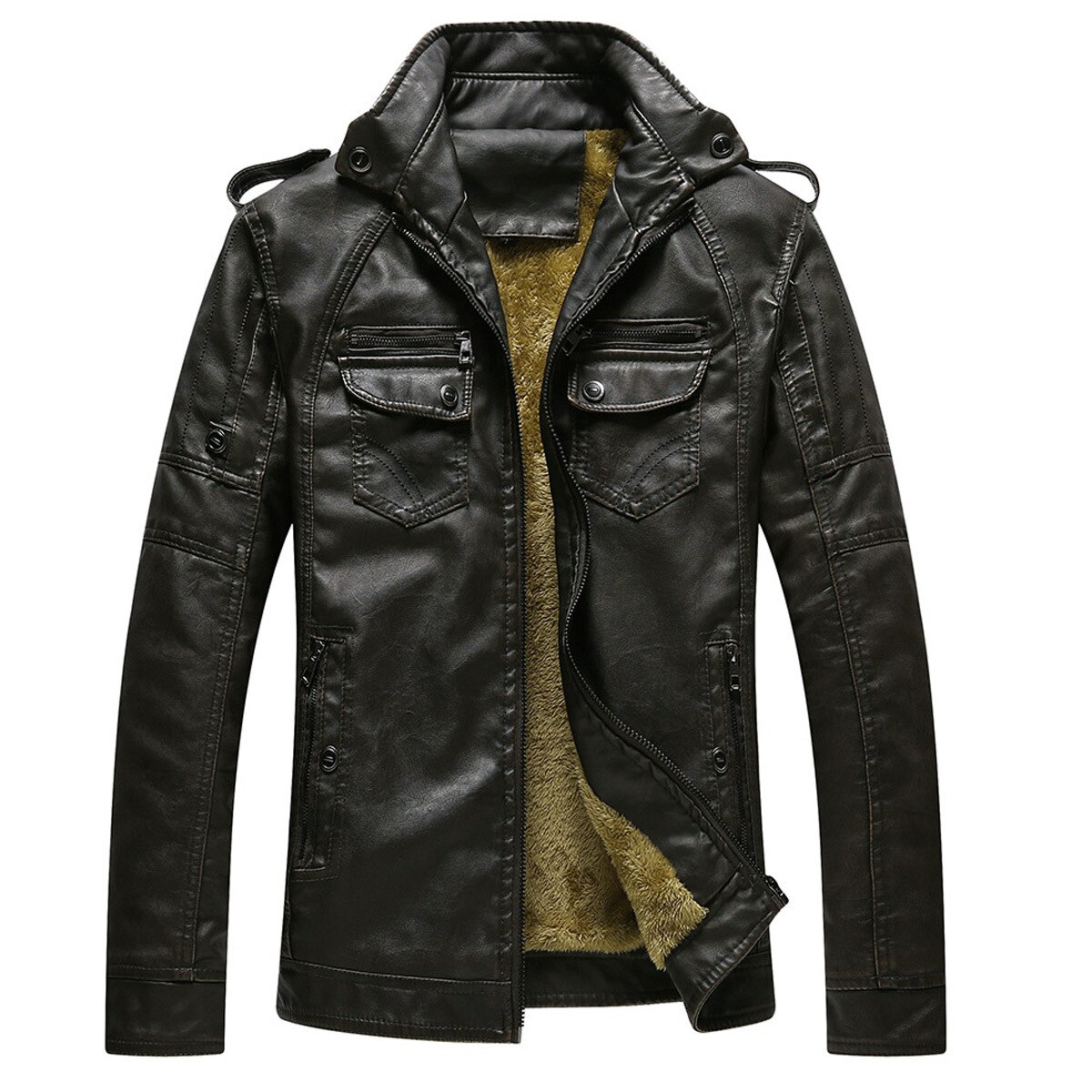 winter Mens Flight Jacket Plus Size 3XL 4XL Long Sleeve Faux Leather Loose Vintage Pu Leather Yellow Thick Warm Jacket Male Coat