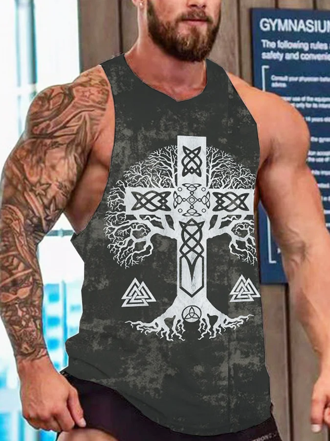 Broswear Men's Viking Tree Of Life And Faith Washed Distressed Print Tank Top