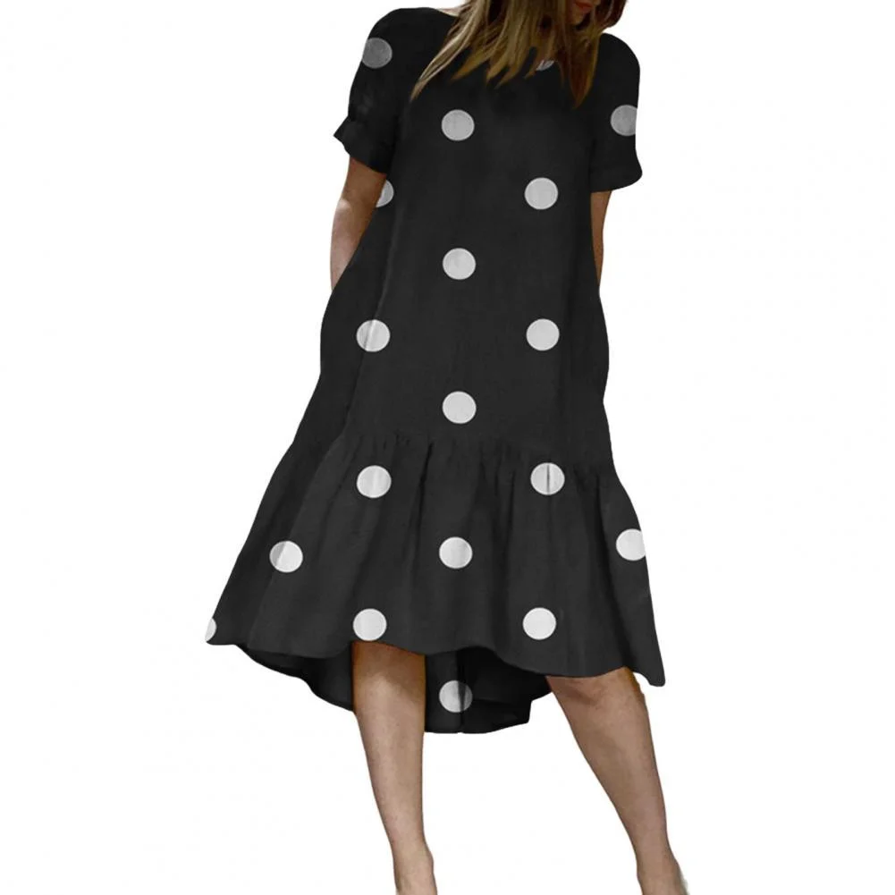 Women Mini Dress Polka Dot Short Sleeve Sundress Casual Kaftan Ruffles Loose Pockets O-Neck Party Dresses Robe boulders