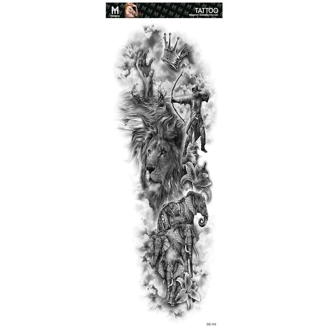 Fake Tattoo Lion Warrior For Men Waterproof Temporary Snake Flower Sticker Totem Geometric Full Arm Large Size Sleeve Tatoo Boys