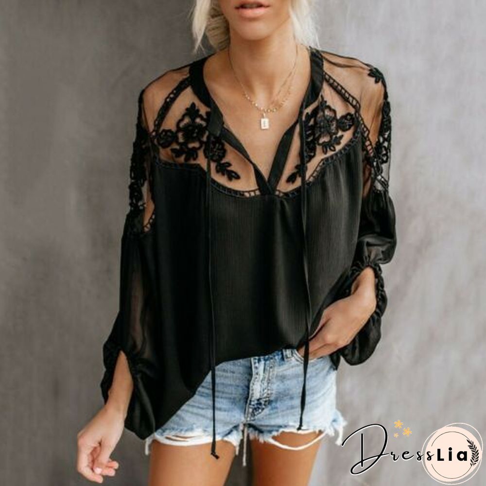 Black Chiffon Lace Panel Women's Mesh Lace Crochet Balloon Sleeve Shirt Loose White