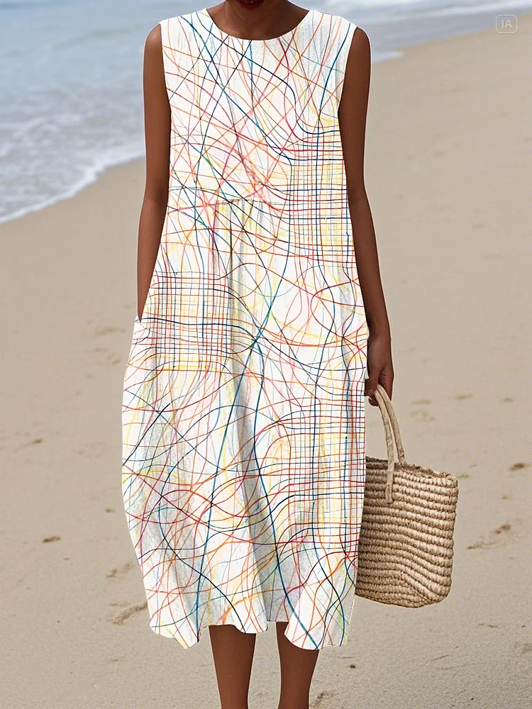 Abstract Line Print Cotton Linen Women's Dresses