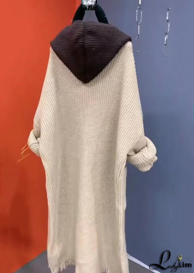 Fashion Beige Tasseled Patchwork Knit Hooded Coat Fall