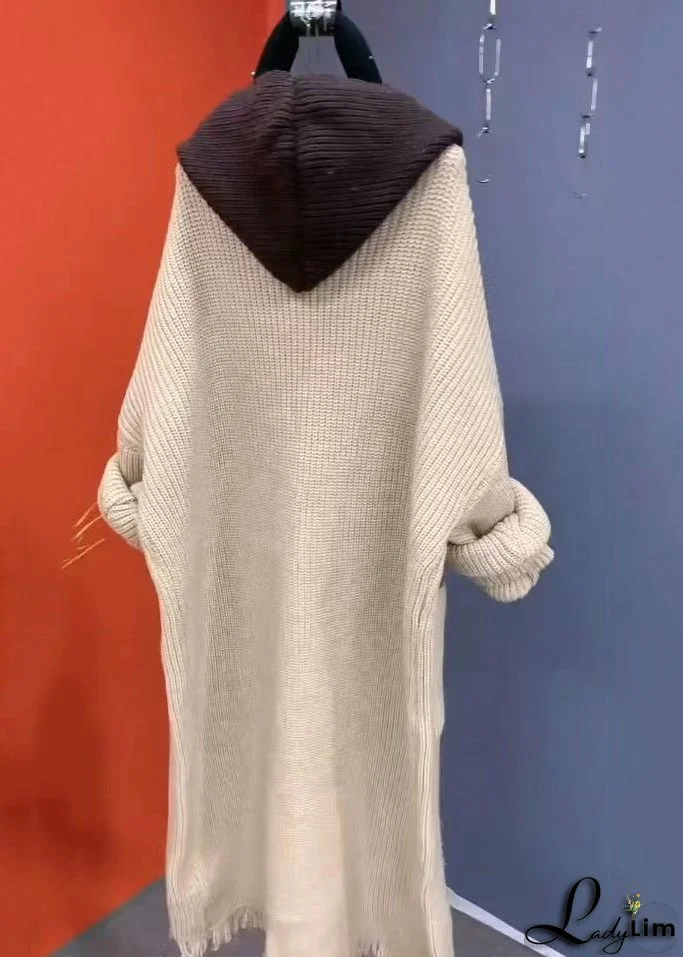 Fashion Beige Tasseled Patchwork Knit Hooded Coat Fall