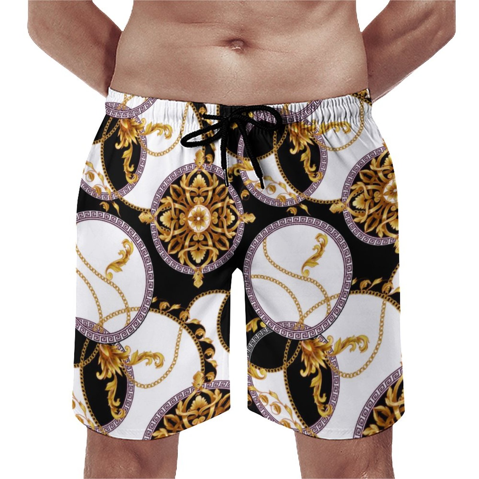 Baroque Gold And White Italian Style Elegant Men's Swim Trunks Summer Board Shorts Quick Dry Beach Short with Pockets