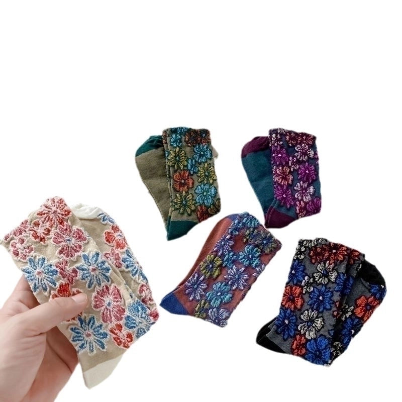 Women’s Retro Flower Cotton Crew Socks A Pair