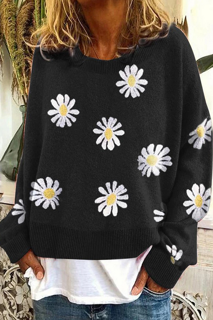 Round Neck Floral Print Casual Sweater