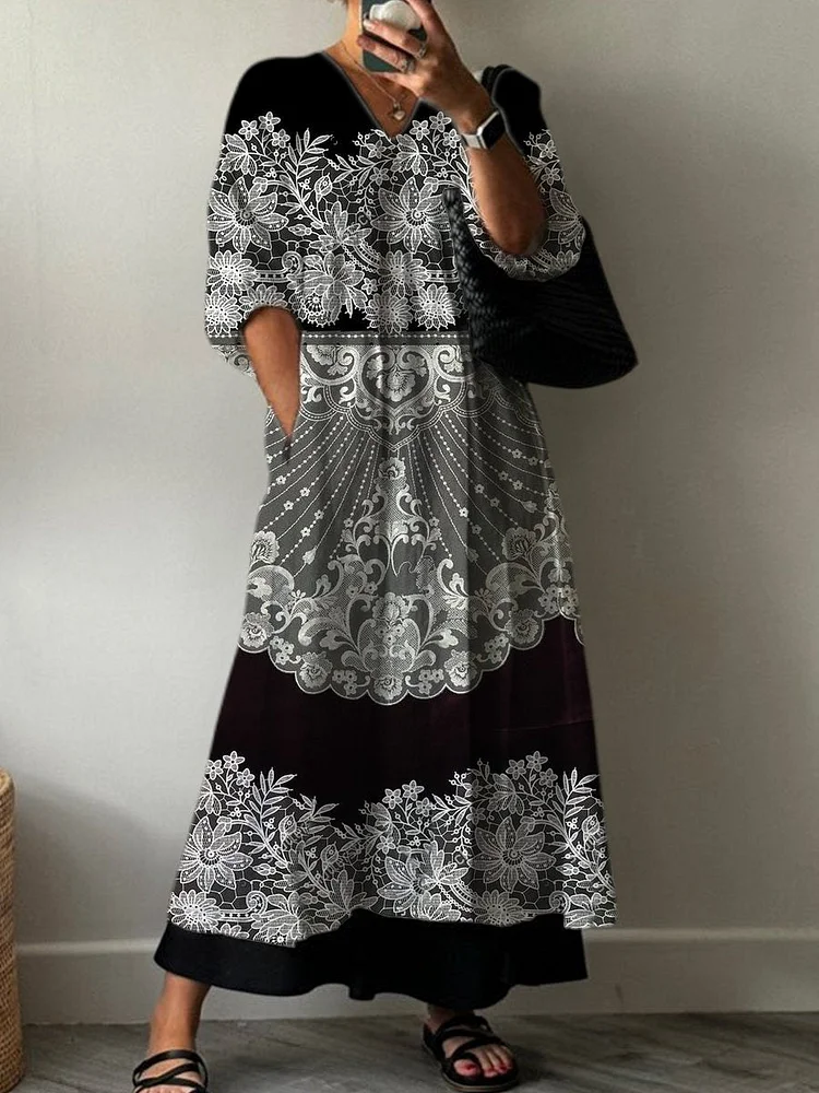 Women's Floral Pattern Art Print Pocket V-neck Cotton Dress