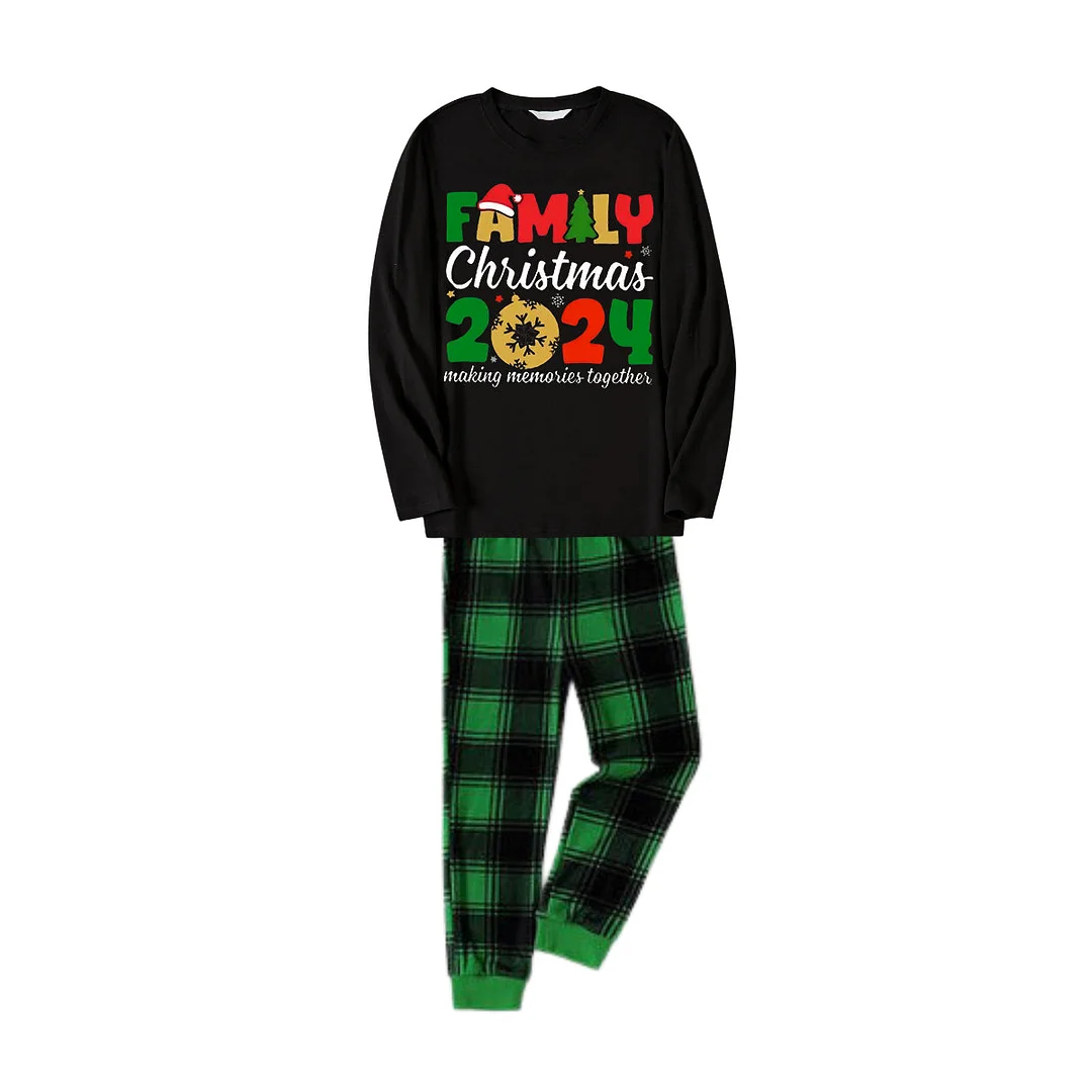 "Family Christmas 2024" Cute Pattern Printed Black and Green Plaid Family Matching Pajamas