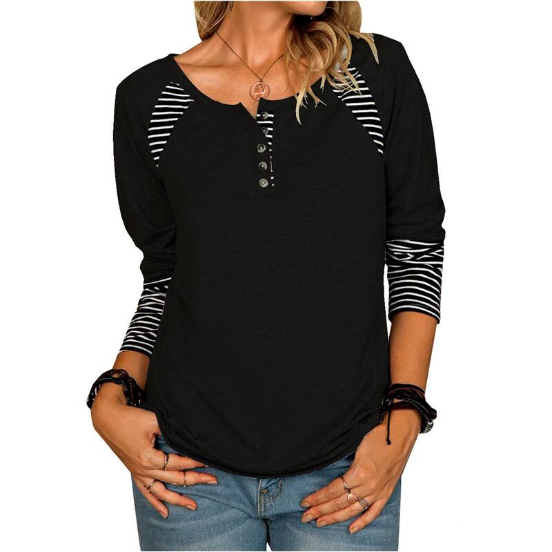 Autumn Striped Print Round Neck Button Tee Tops