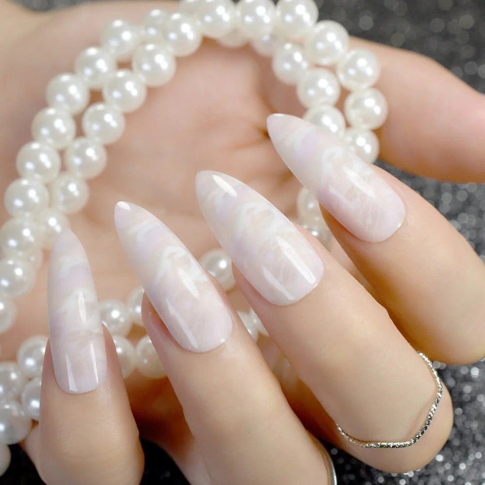 White French Tips Fake Nails Extra Long Stiletto False Nails Natural Painted Long Party Designed Nails 24 Count-Nail Inspo