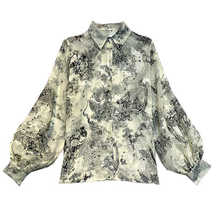 Vintage Ink Painting Print Puff Sleeve Shirt Workwear - Modakawa modakawa