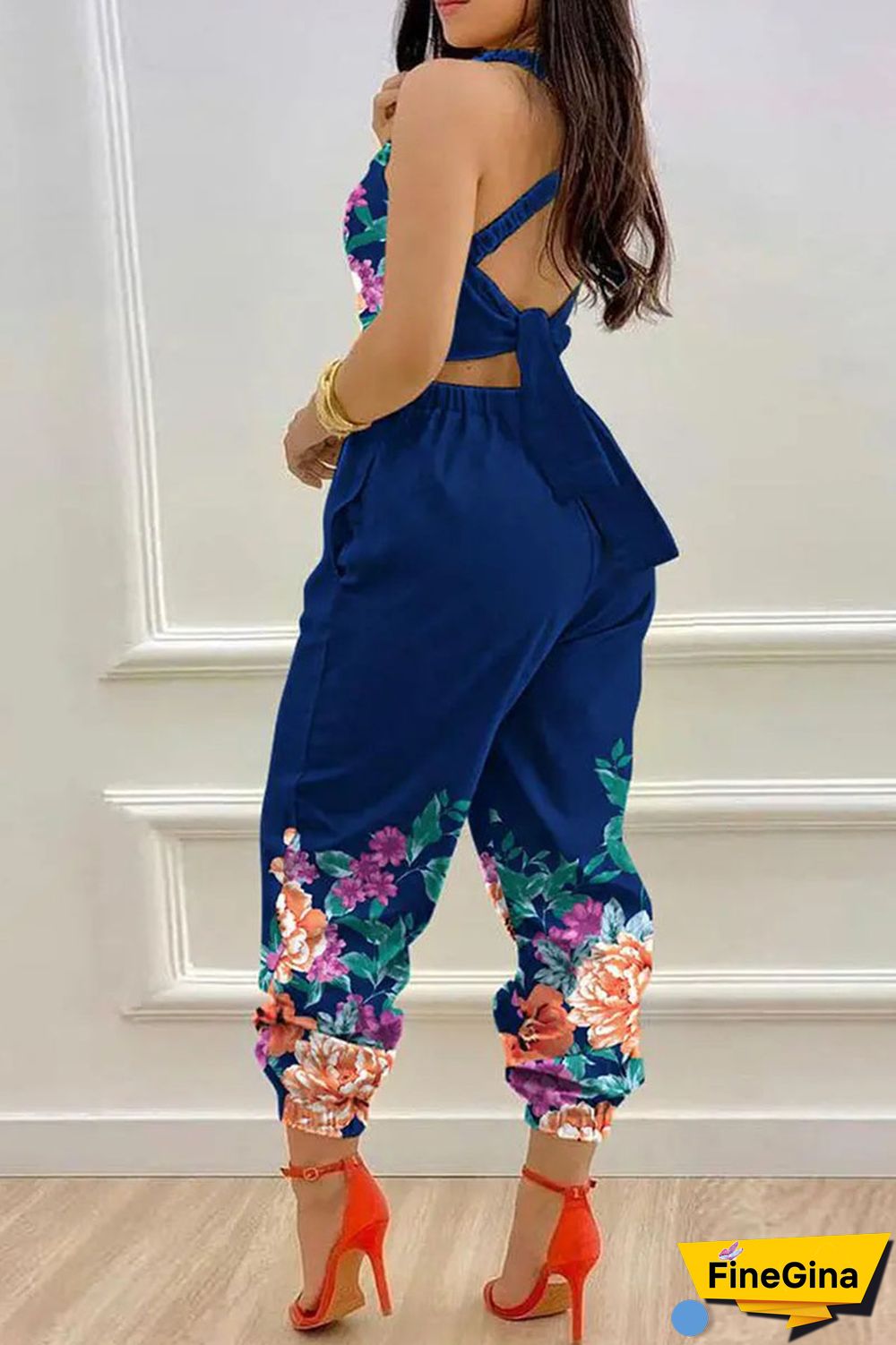 White Sexy Print Bandage Patchwork Backless Spaghetti Strap Regular Jumpsuits