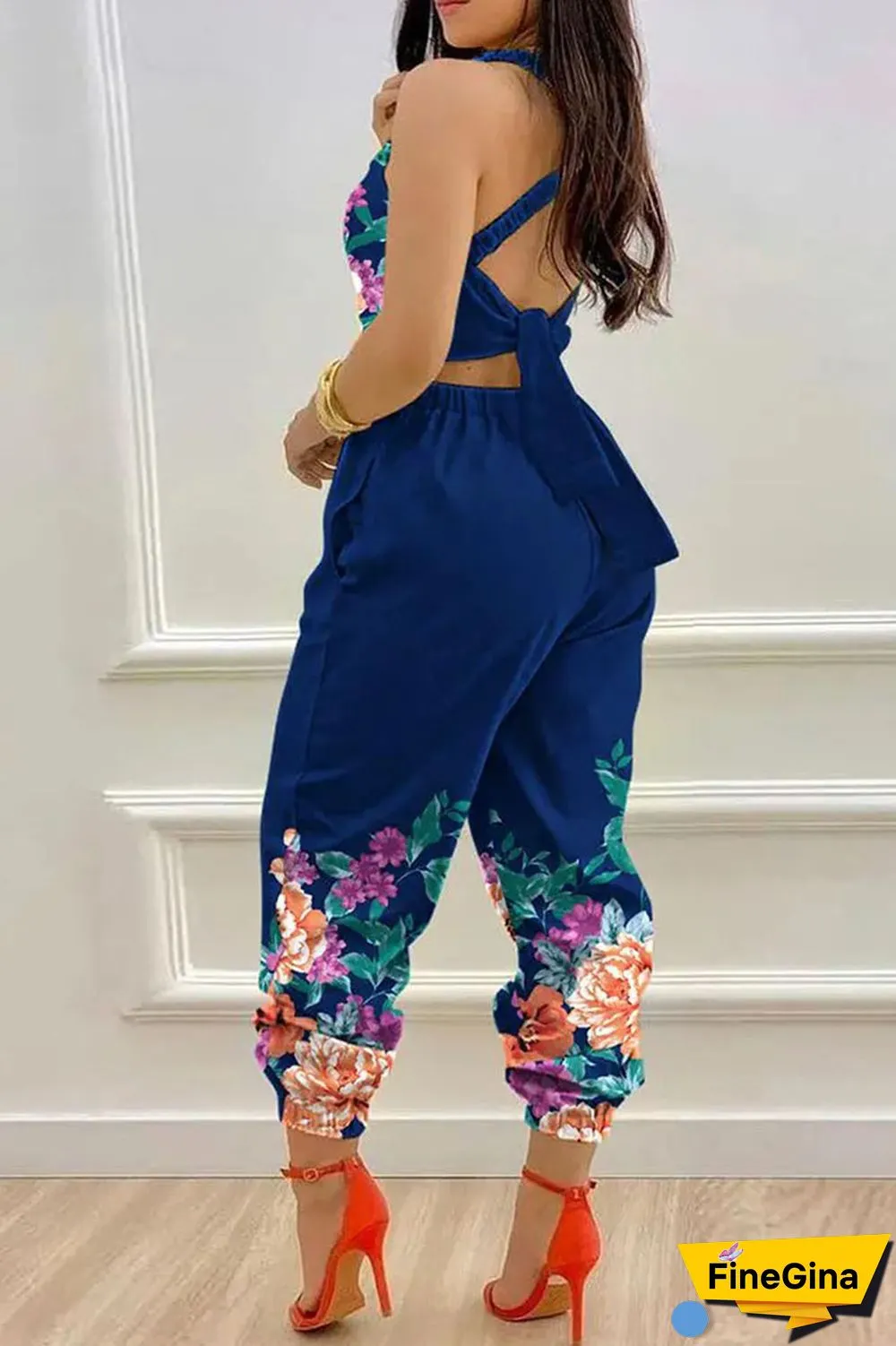 White Sexy Print Bandage Patchwork Backless Spaghetti Strap Regular Jumpsuits