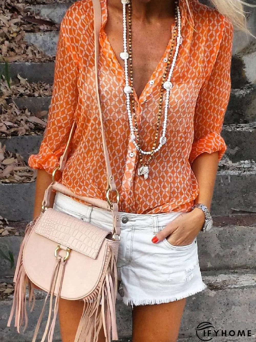 Orange Floral-Print Shirt Collar Long Sleeve Geometric Tops | IFYHOME