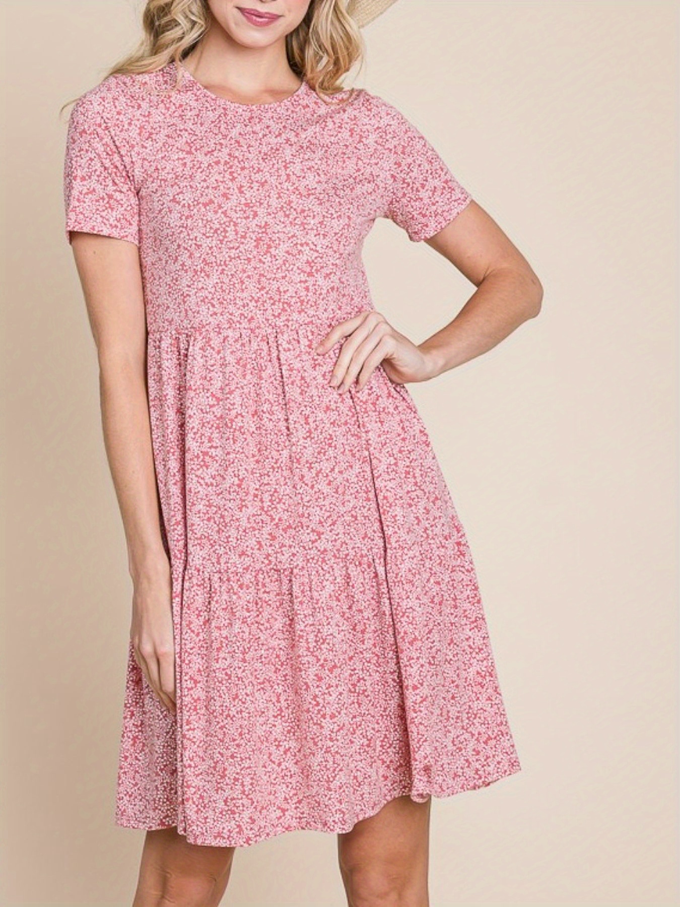 Womens Casual Fit And Flare Midi Dress Sweet Romantic Ditsy Floral Print Summer Dress Round Neck Short Sleeve Tiered Swing A Line Pleated Pink Spring Party Beach Holiday Sundress | IFYHOME