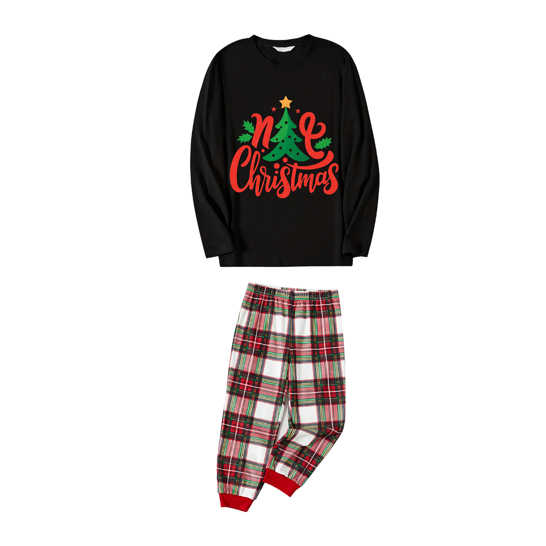 Christmas Tree with Stars and Colorful Pattern Black Top with Red & White & Green Plaid Pants Family Matching Pajama