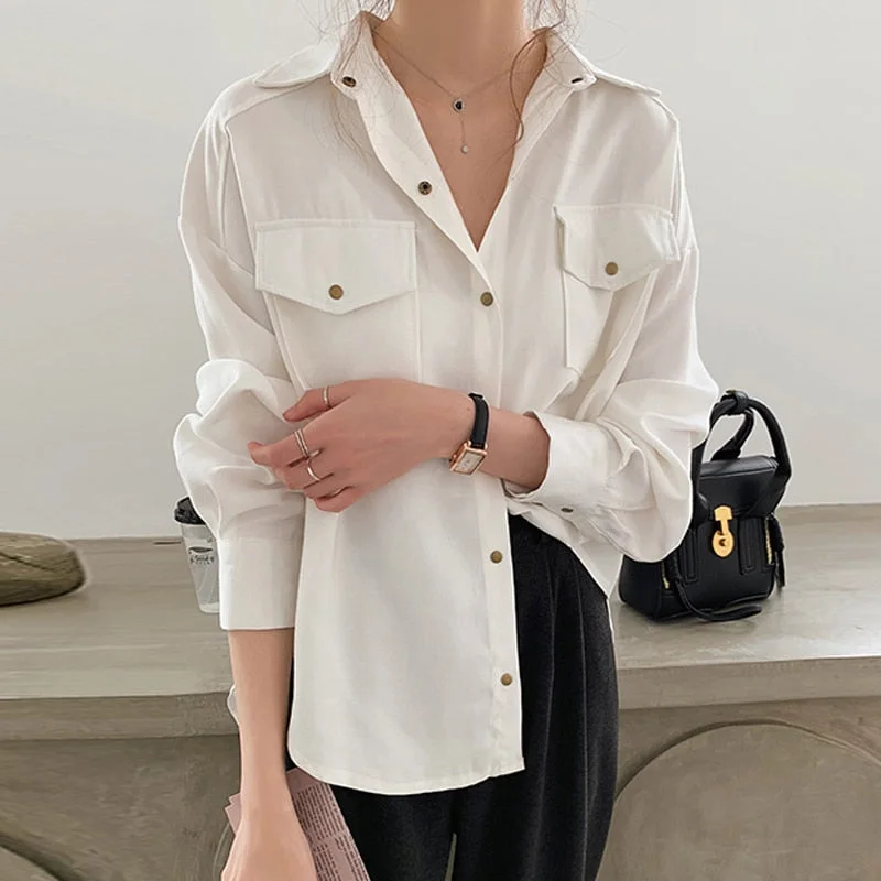 Single-Breasted Lapel Female Blouses White Shirts