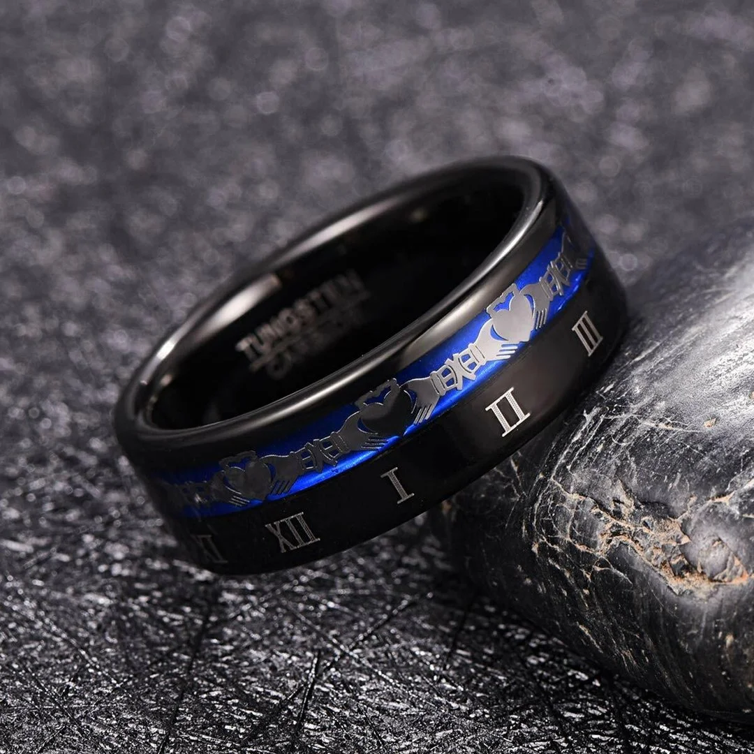 8mm Black Roman Numeral Inlay Tungsten Carbide Rings Men's Wedding