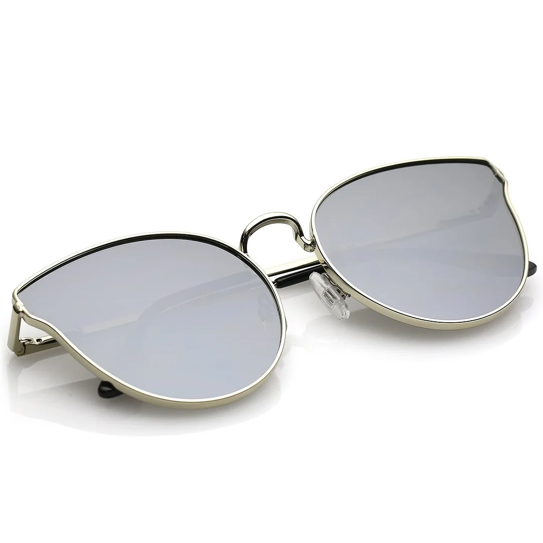 Premium Metal Cat Eye Sunglasse With Slim Arms And Round Colored Mirror Flat Lens 54mm