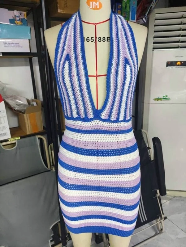 Beach Style Knitted Dress Chic Women Summer Sexy Backless Deep V-neck Halter Dress Y2K Streetwear Vacation Casual Vestido 1226