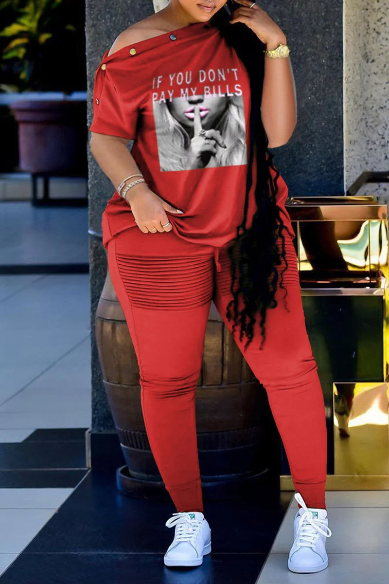 Red Casual Street Print Patchwork Oblique Collar Short Sleeve Two Pieces