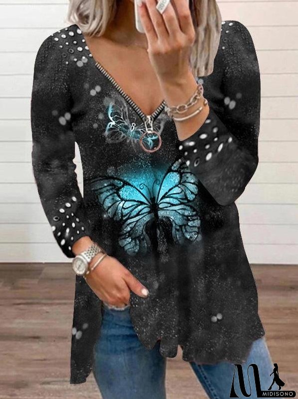 Women's T-Shirts V-Neck Zipper Pullover Pearl Print T-Shirt