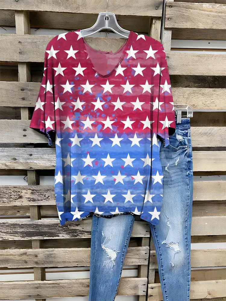 Women's Casual Comfortable Flag Print V-neck Half-sleeve T-shirt