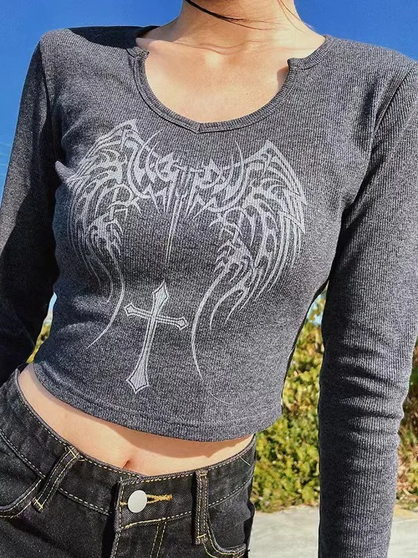 Vintage Cross Wing Print Long Sleeve Crop Top