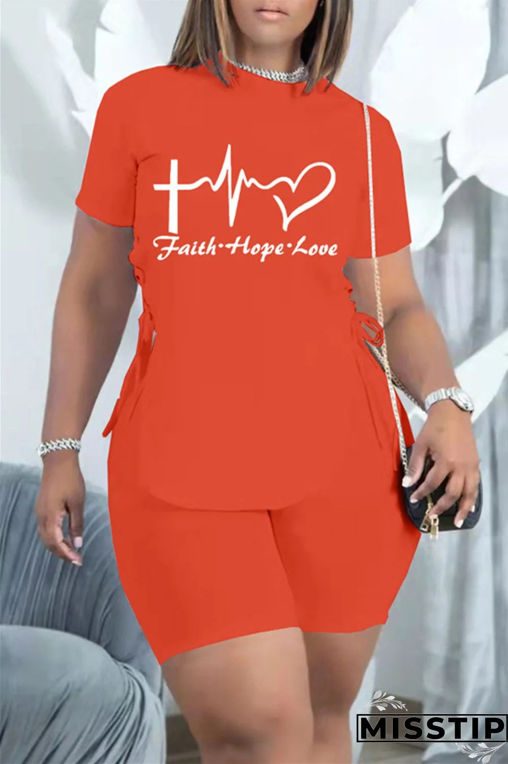 Black Fashion Casual Print Bandage Slit O Neck Short Sleeve Two Pieces