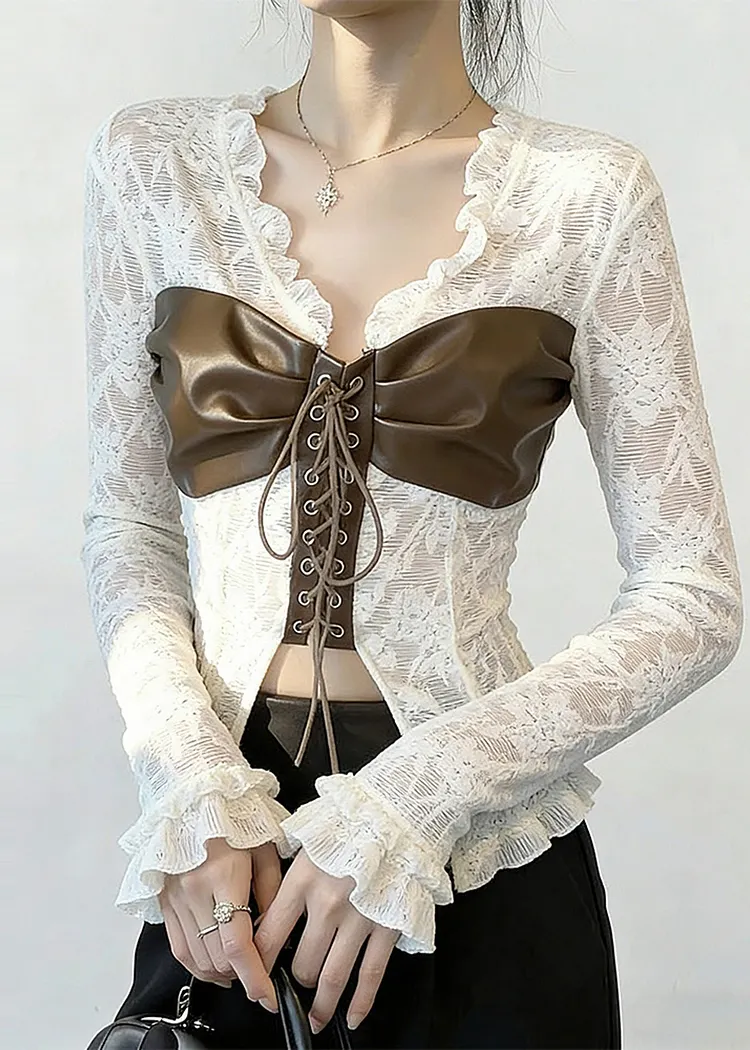 Boho White Patchwork Cross Strap Lace Top Spring