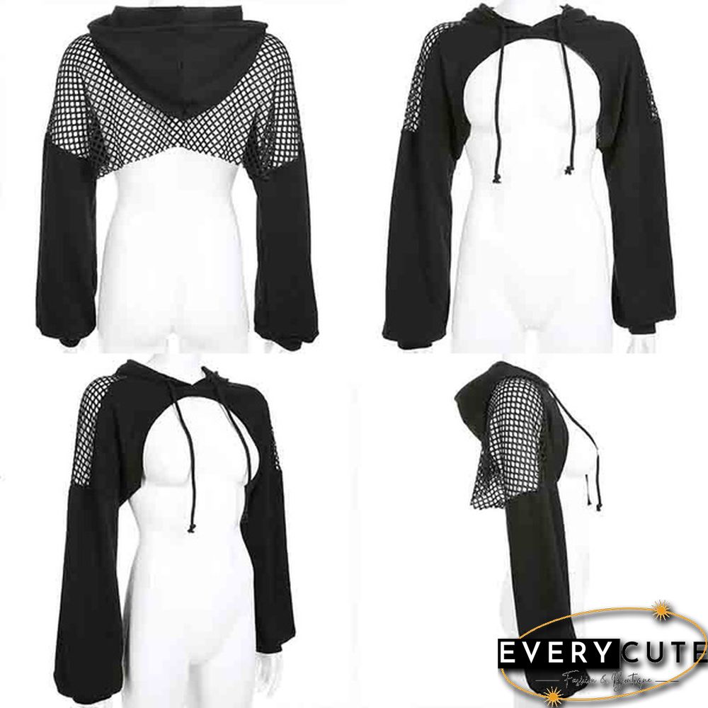 Women Long Sleeve Black Bustier Crop Top Mesh Harajuku Hiphop Loose Leopard Hoodie Sweatshirt Clubwear Tie Dye Top