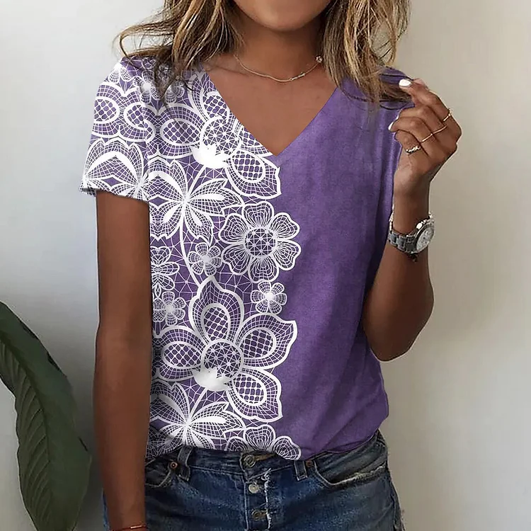 Women's Floral Patchwork Print T-Shirt V-Neck Short Sleeve Tee