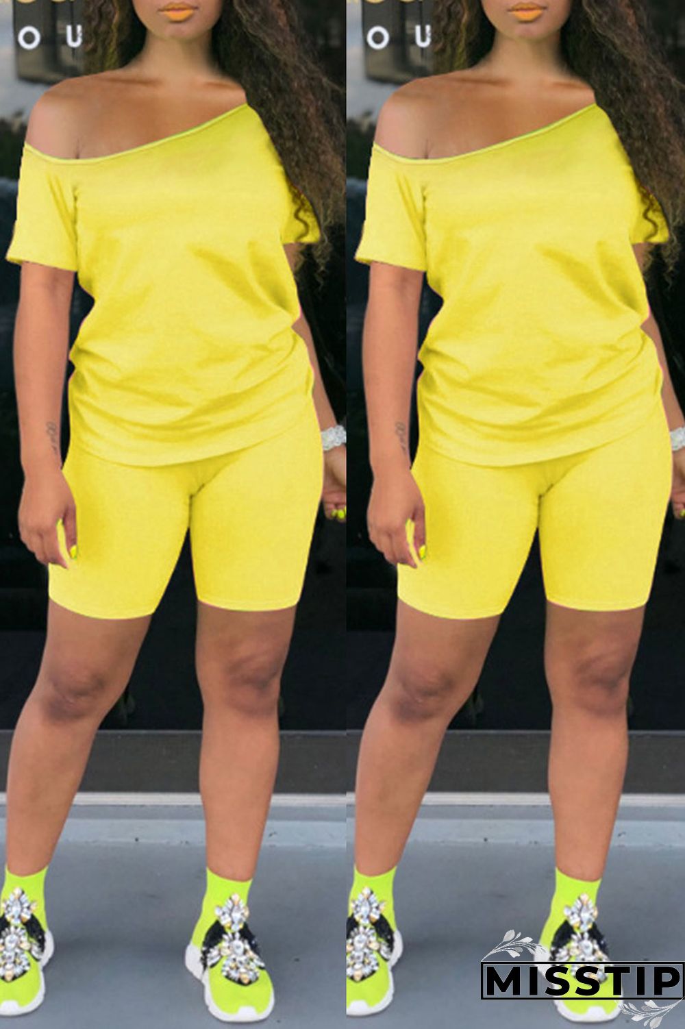 Yellow Fashion Casual Solid Basic Plus Size Two Pieces