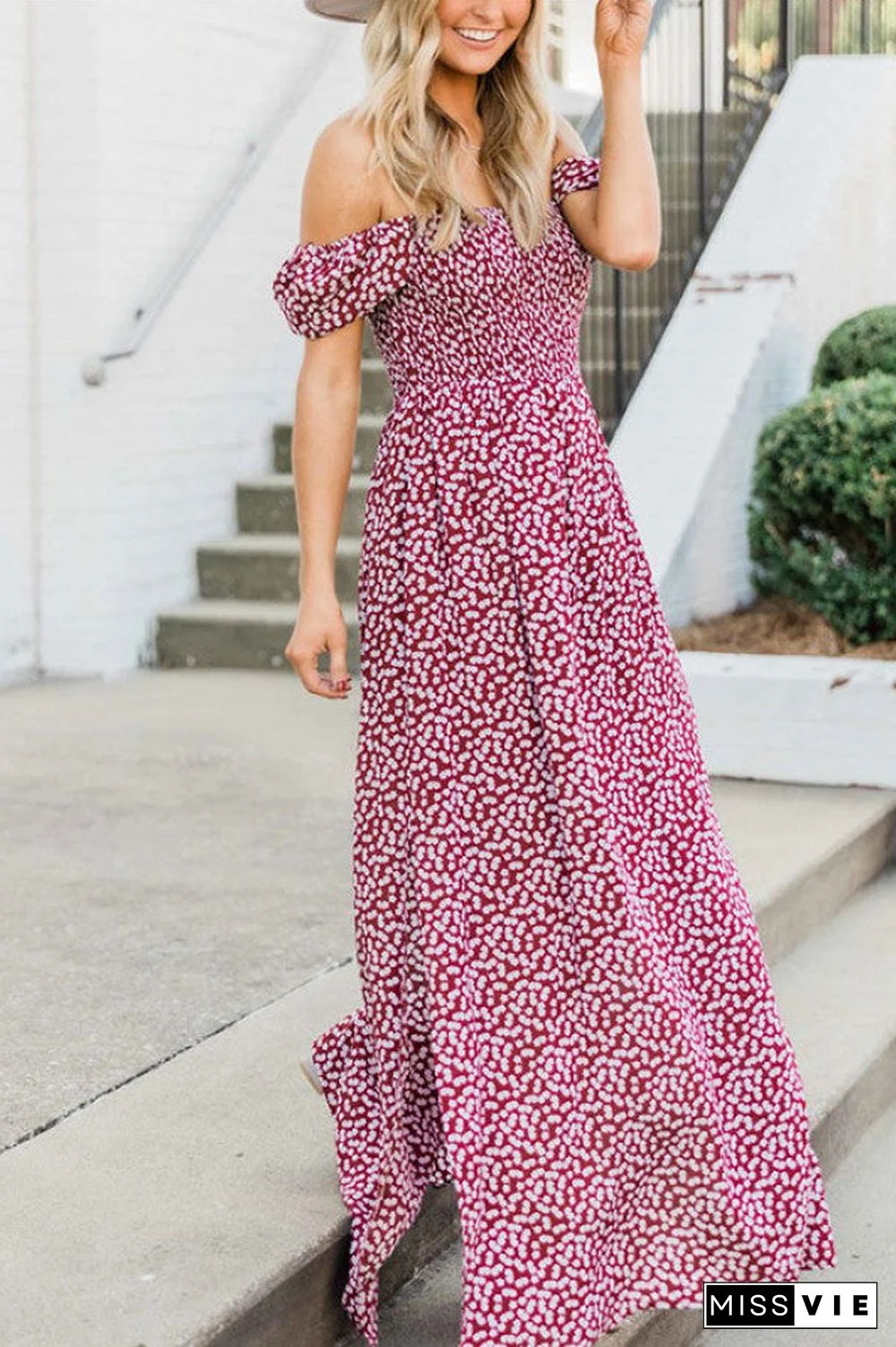 Off-the-shoulder Print Slit Maxi Dress