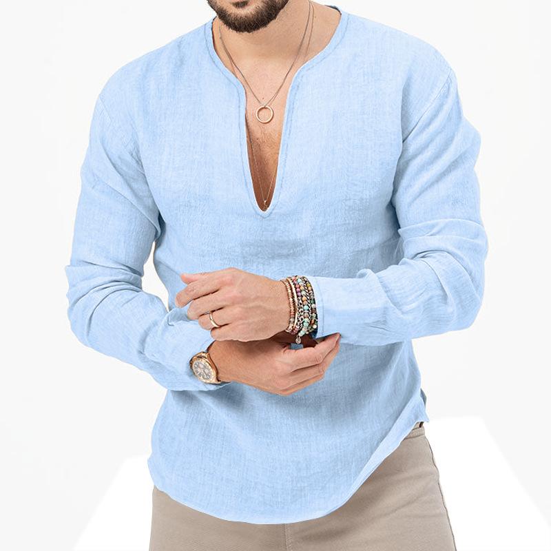 Men's Solid Color Long Sleeve Cotton Linen V-Neck Shirt 67779609X