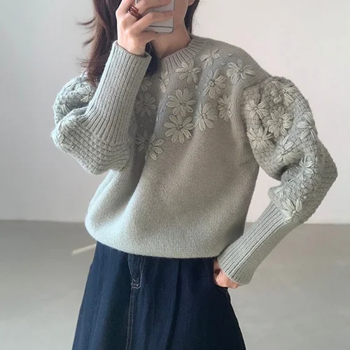 Sdrawing Woman Sweaters O-neck Lantern Sleeve Vintage Knit Pullovers Tops 3D Embroidery Floral Jumper Autumn 2023 Winter Clothing