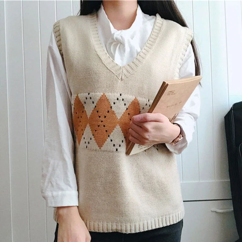 Women Sweaters Vest Winter Argyle Knitted Sweater Ladies Geometric Pattern Pullovers Tops Female Oversize Tank Tops Pull Femme