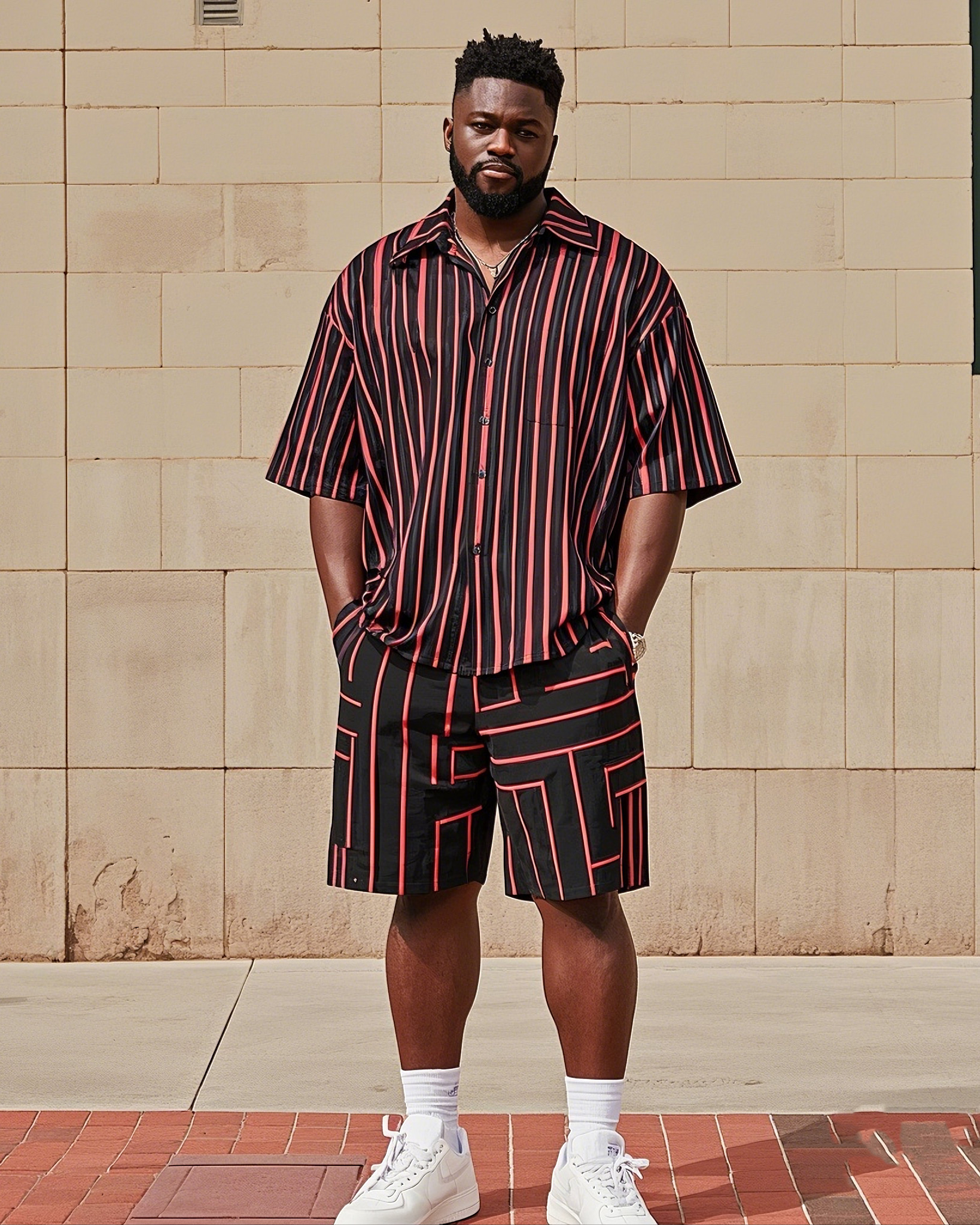 Big Men's Fashion Red Black Striped Color Block Printing Short Sleeve Shirt Shorts Suit