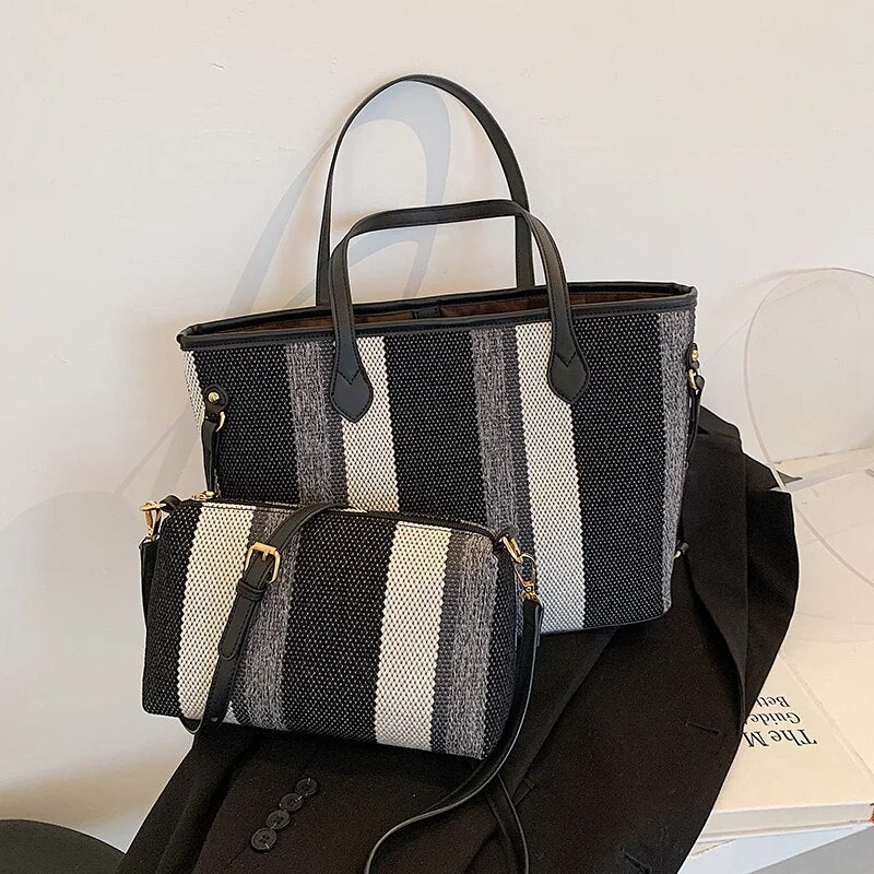 2 Pcs High Capacity Canvas Shoulder Bag For Women 2021 Fashion Striped Handbags Female Travel Fashion Shopping Purses