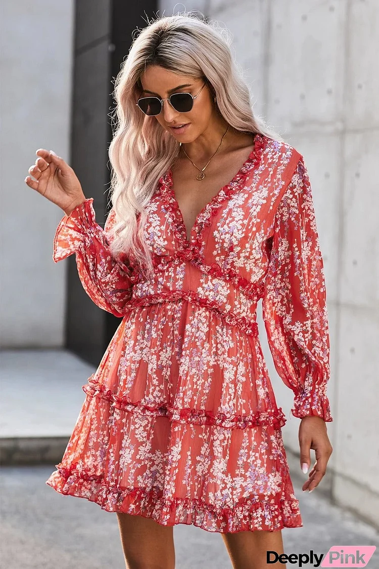 Red Ruffle Detailing Long Sleeve Open Back Floral Dress