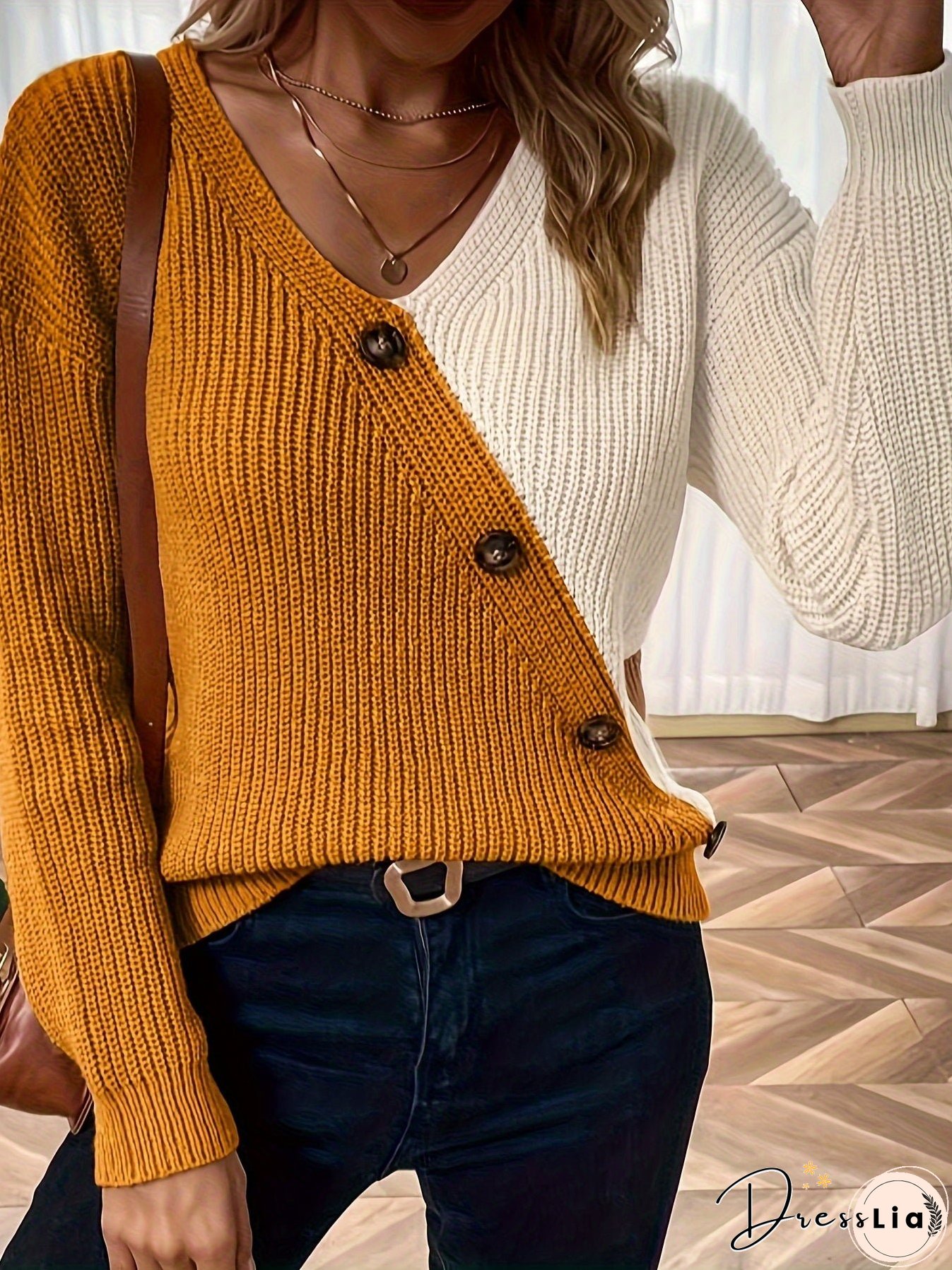 Color Block V Neck Pullover Sweater, Casual Button Long Sleeve Drop Shoulder Sweater, Women's Clothing