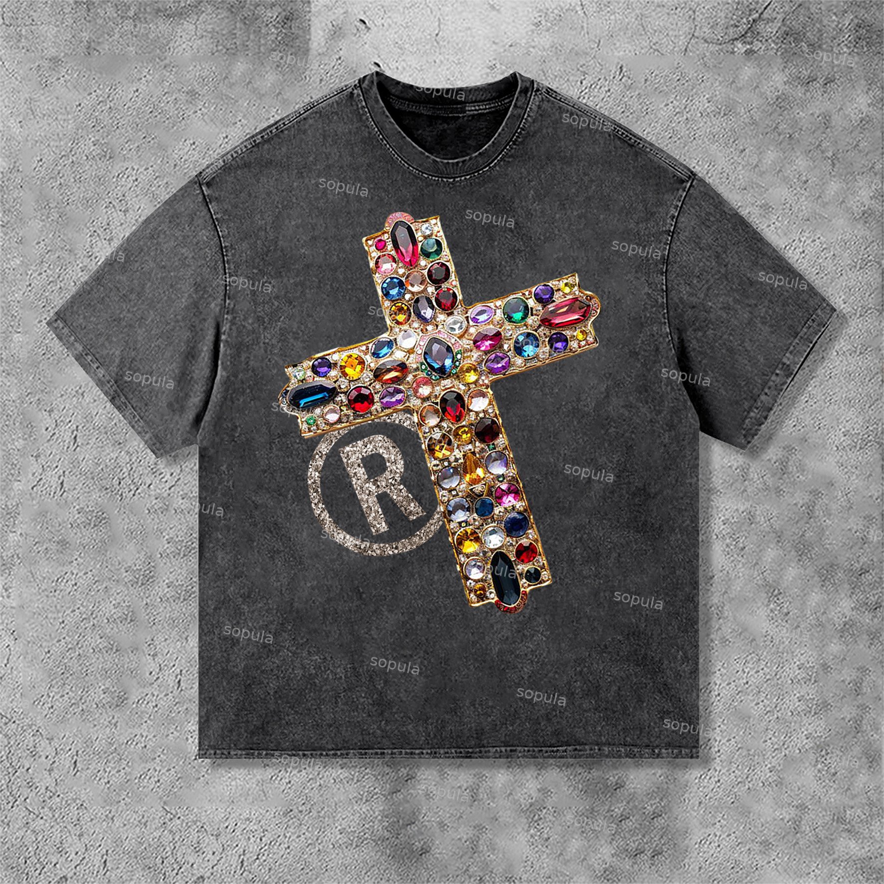 Diamond Cross Graphic Print Casual Acid Washed T-Shirt - SOPULA