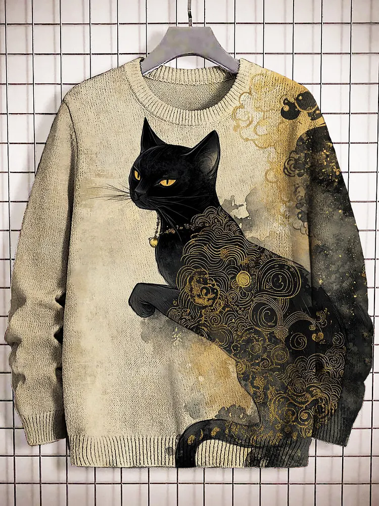 Men's Black Cat Tattoo Ethnic Pattern Art Print Knit Sweatshirt